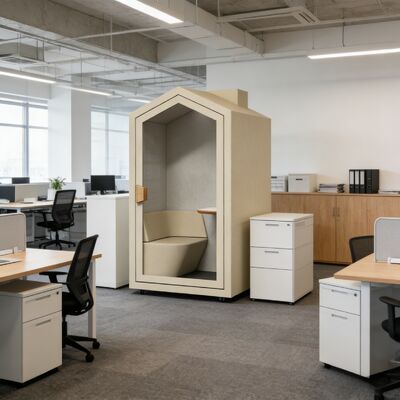 Mobile Personal Workspace Pod offering easy relocation options and private workspace benefits for dynamic office layouts